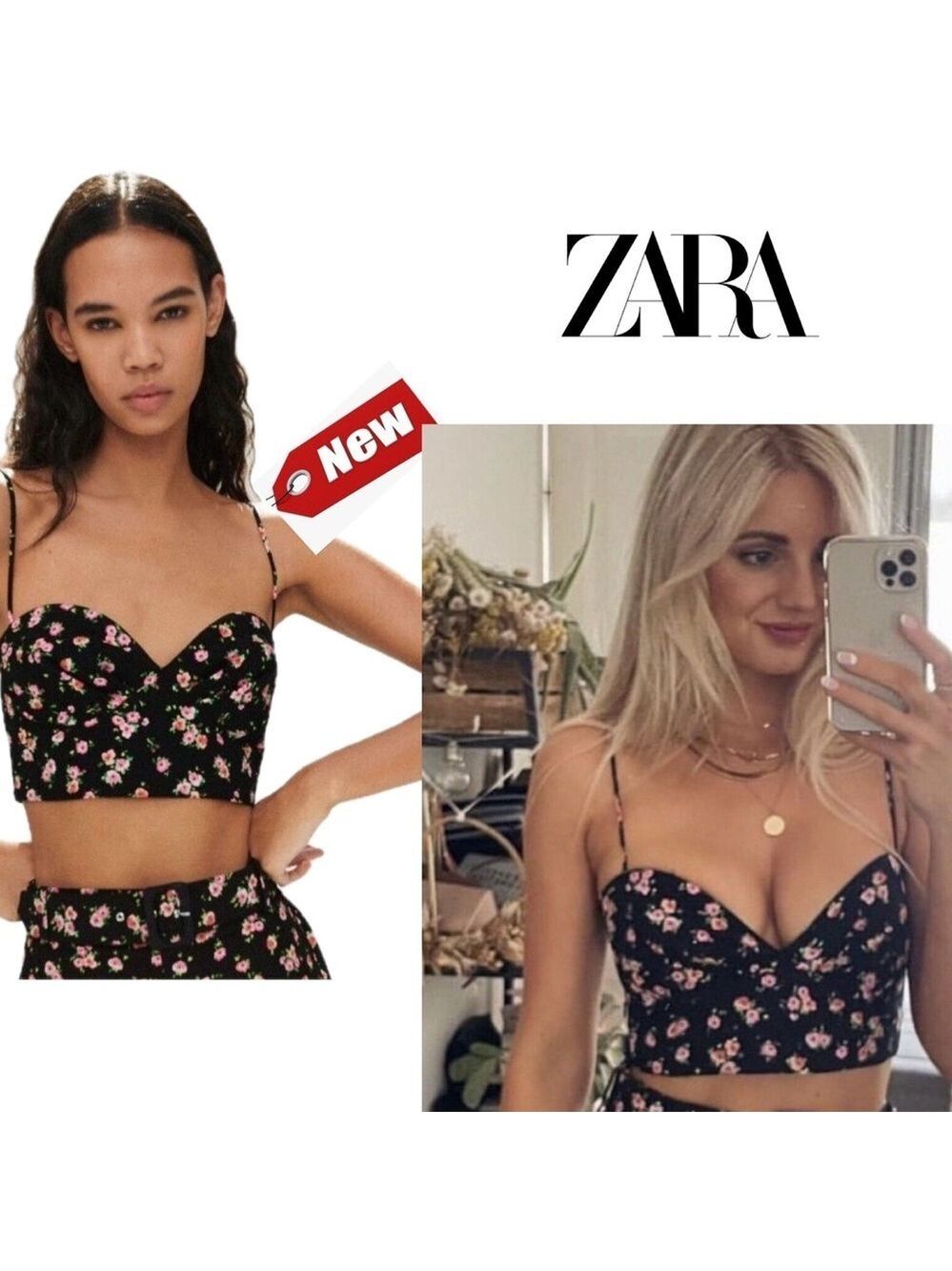 Zara black pink flower floral print spaghetti strap bustier corset crop top